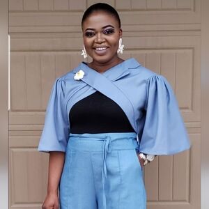 Light Blue Cropped Draped Blouse with Puff Elbow Sleeves